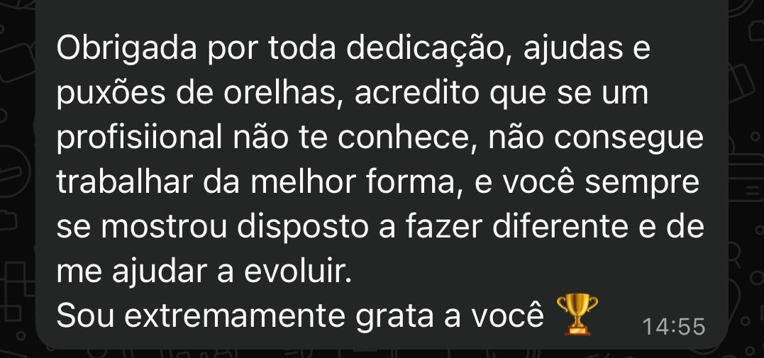 Print de WhatsApp: aluna agradece dedicação e evolução no Medeiros Squad