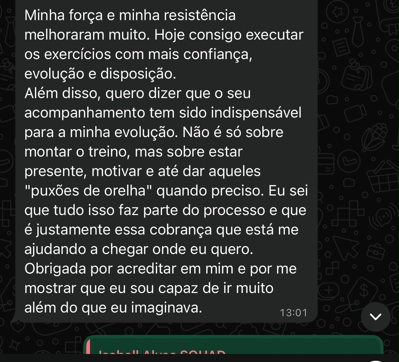 Print de WhatsApp: aluna fala de força, resistência e acompanhamento do coach