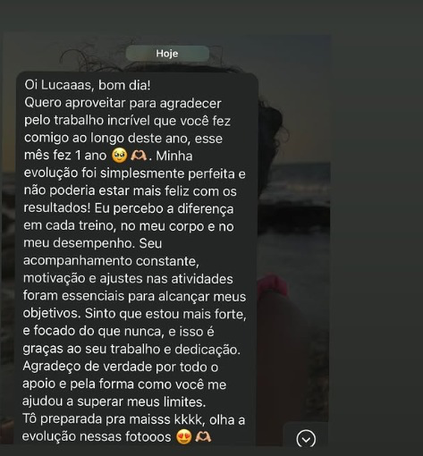 Print de WhatsApp: aluna celebra 1 ano de evolução com o Medeiros Squad